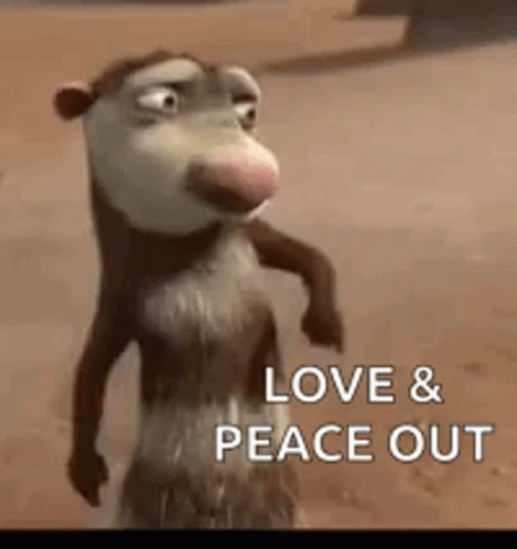 a cartoon opossum is standing in the sand with the words `` love & peace out '' written on it .|833x882.6490066225166