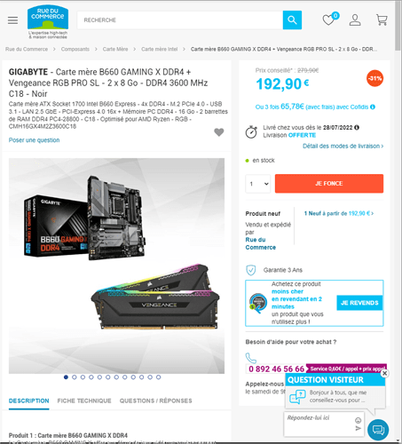 Gigabyte - Carte mère B660 GAMING X DDR4 + Vengeance RGB PRO SL - 2 x 8 Go - DDR4 3600 MHz C18 - Noir - Carte mère Intel - Rue du _2